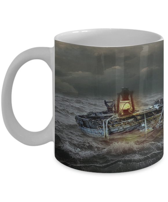 Ocean Coffee Mug, Boat at Sea Cup, Stormy Sea Mug, Boat in a Storm Gift