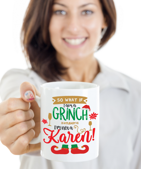 Grinch vs Karen Humorous Christmas coffee mug, Fun gift cup for Mom