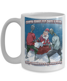 Zombies vs Santa funny Christmas Mug, Scary yuletide coffee cup,